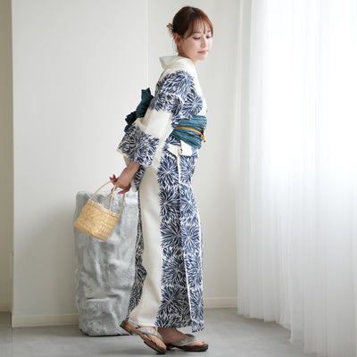【ニコアンティーク 高級変わり織 浴衣3点セット ( ゆかた・帯・下駄 )クリーム麻の葉と鉄紺よろけ菊】 Sサイズ（150-160cm） 国産生地 国内染色　個性派きもの（5011271611）