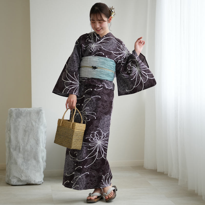 【ニコアンティーク 高級変わり織 浴衣3点セット ( ゆかた・帯・下駄 )古代紫の菊づくしと渦波】Sサイズ（150-160cm） 国産生地 国内染色　個性派きもの（5011271711）