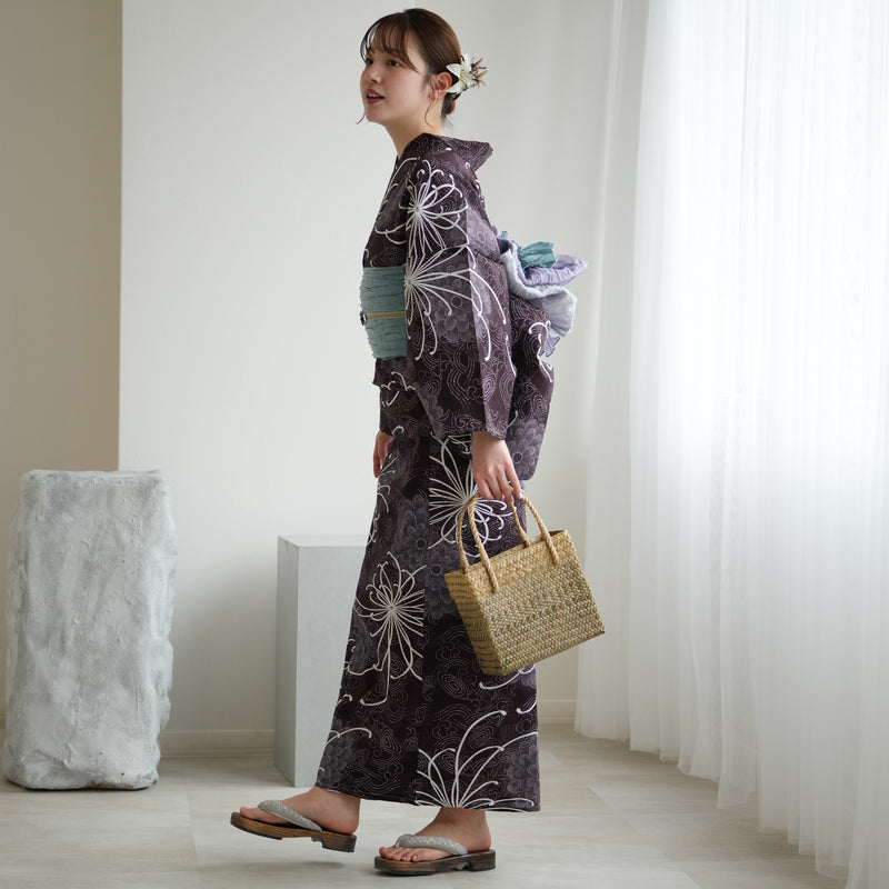 【ニコアンティーク 高級変わり織 浴衣3点セット ( ゆかた・帯・下駄 )古代紫の菊づくしと渦波】Sサイズ（150-160cm） 国産生地 国内染色　個性派きもの（5011271711）