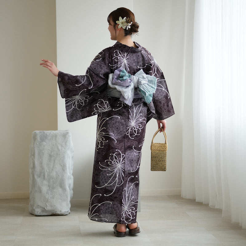 【ニコアンティーク 高級変わり織 浴衣3点セット ( ゆかた・帯・下駄 )古代紫の菊づくしと渦波】Sサイズ（150-160cm） 国産生地 国内染色　個性派きもの（5011271711）