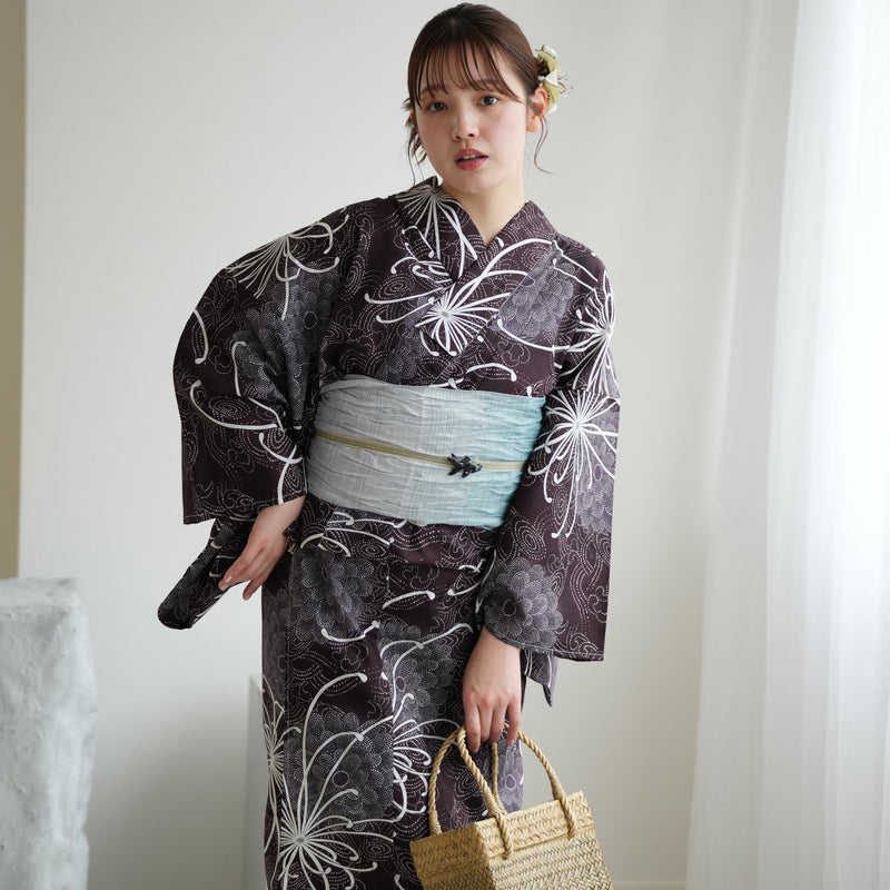 【ニコアンティーク 高級変わり織 浴衣3点セット ( ゆかた・帯・下駄 )古代紫の菊づくしと渦波】Sサイズ（150-160cm） 国産生地 国内染色　個性派きもの（5011271711）