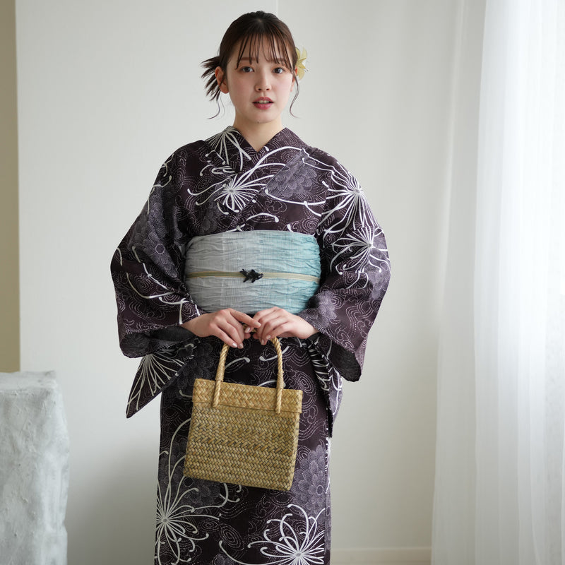 【ニコアンティーク 高級変わり織 浴衣3点セット ( ゆかた・帯・下駄 )古代紫の菊づくしと渦波】Sサイズ（150-160cm） 国産生地 国内染色　個性派きもの（5011271711）