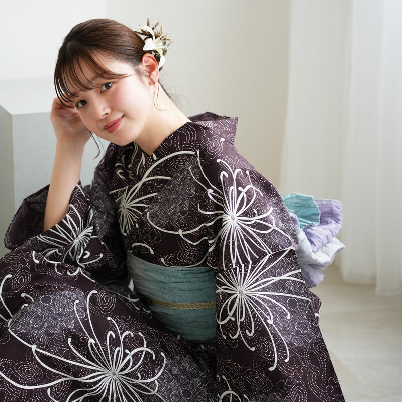 【ニコアンティーク 高級変わり織 浴衣3点セット ( ゆかた・帯・下駄 )古代紫の菊づくしと渦波】 フリーサイズ 国産生地 国内染色　個性派きもの（5010271711）