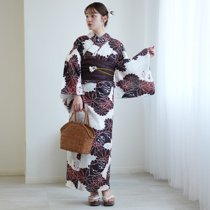 【ニコアンティーク 高級変わり織 浴衣3点セット ( ゆかた・帯・下駄 ) えんじぼかしの菊と扇面】 Lサイズ（165-175cm） 国産生地 国内染色　個性派きもの（5012271811）
