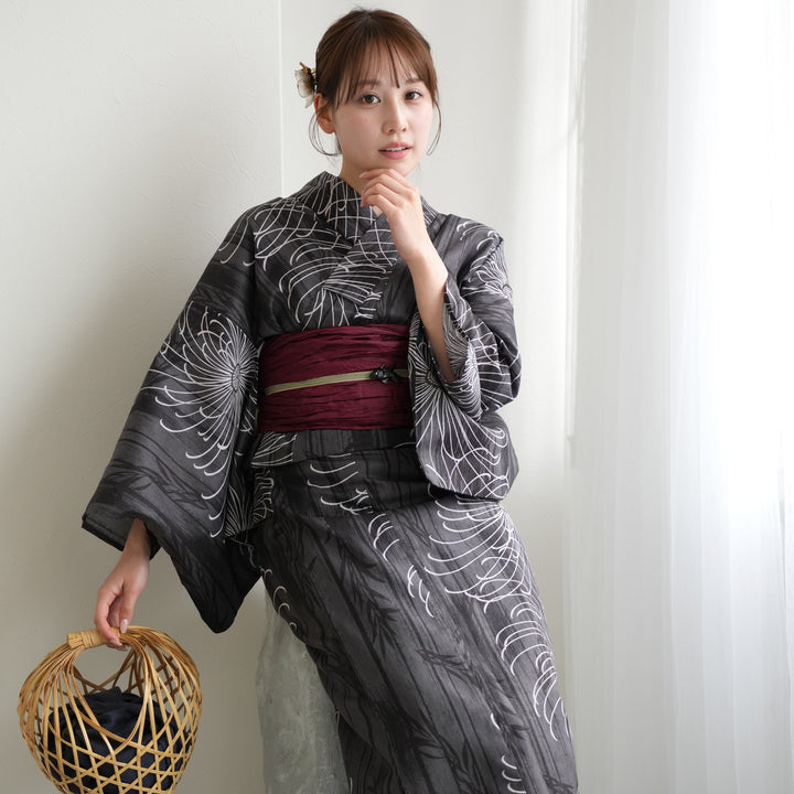 ニコアンティーク 高級変わり織 浴衣3点セット ( ゆかた・帯・下駄 )墨