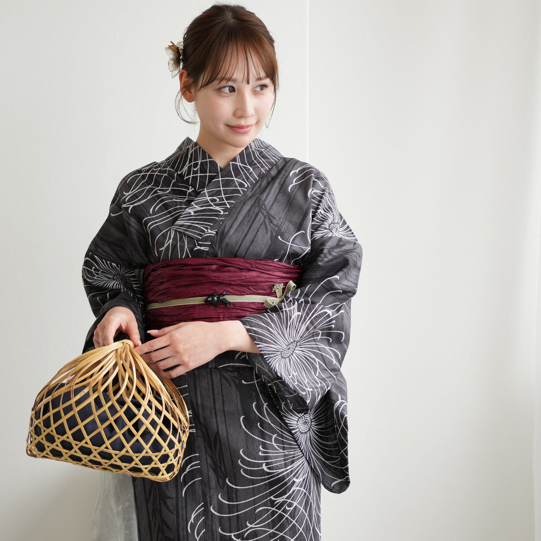 ニコアンティーク 高級変わり織 浴衣3点セット ( ゆかた・帯・下駄 )墨