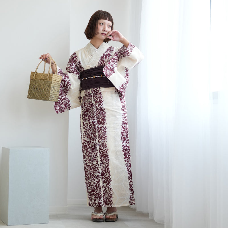 【ニコアンティーク 高級変わり織 浴衣3点セット ( ゆかた・帯・下駄 ) クリーム麻の葉とえんじのよろけ菊】 Sサイズ（150-160cm） 国産生地 国内染色　個性派きもの（5011272011）