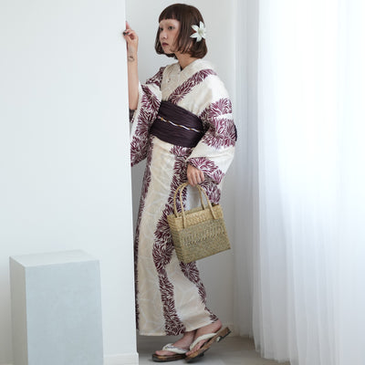 【ニコアンティーク 高級変わり織 浴衣3点セット ( ゆかた・帯・下駄 ) クリーム麻の葉とえんじのよろけ菊】 Sサイズ（150-160cm） 国産生地 国内染色　個性派きもの（5011272011）