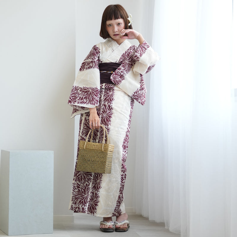 【ニコアンティーク 高級変わり織 浴衣3点セット ( ゆかた・帯・下駄 ) クリーム麻の葉とえんじのよろけ菊】 フリーサイズ 国産生地 国内染色　個性派きもの（5010272011）