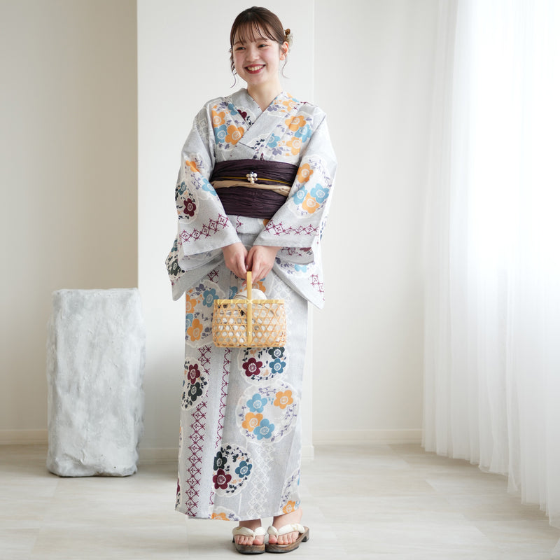 【utatane 高級変わり織 浴衣3点セット ( ゆかた・帯・下駄 ) 灰青の霧と梅雪輪】 Lサイズ（165-175cm） 国産生地 国内染色　昭和初期アンティーク復刻版（5012272111）