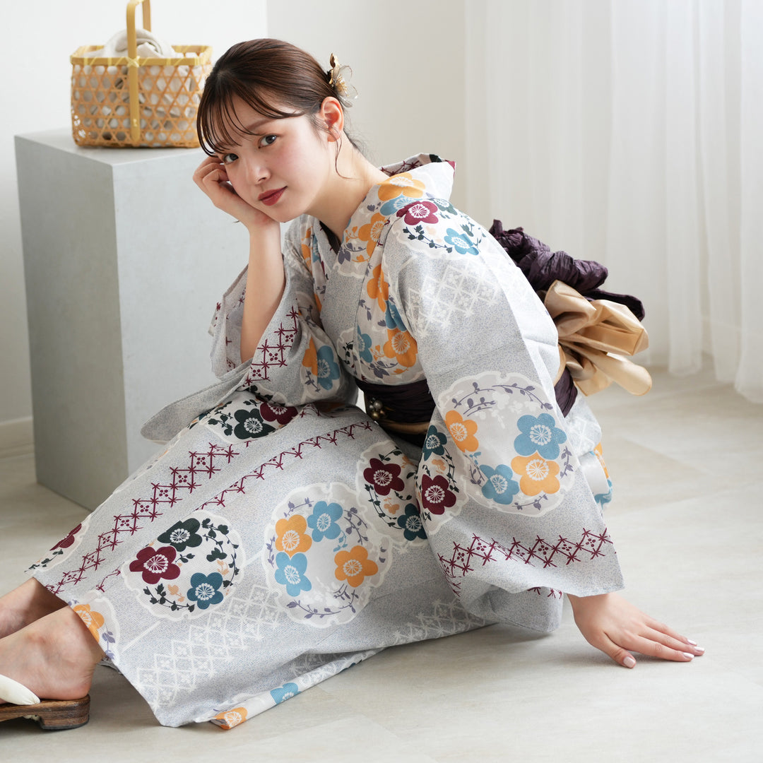 utatane 高級変わり織 浴衣3点セット ( ゆかた・帯・下駄 ) 灰青