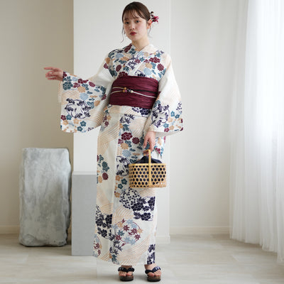 【utatane 高級変わり織 浴衣3点セット ( ゆかた・帯・下駄 ) きなりにえんじとからしの花輪】 Sサイズ（150-160cm） 国産生地 国内染色　昭和初期アンティーク復刻版（5011272211）