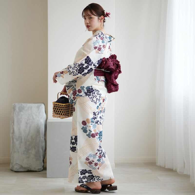 【utatane 高級変わり織 浴衣3点セット ( ゆかた・帯・下駄 ) きなりにえんじとからしの花輪】 Sサイズ（150-160cm） 国産生地 国内染色　昭和初期アンティーク復刻版（5011272211）