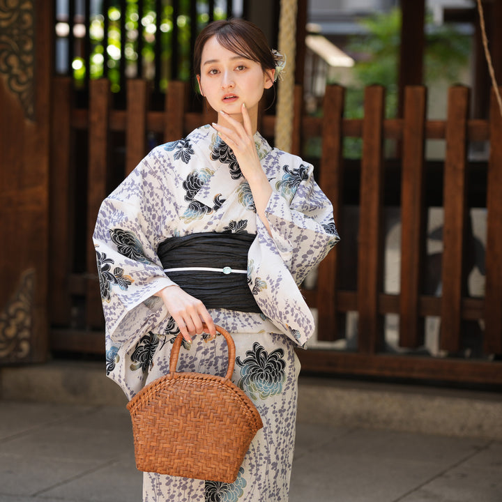utatane 高級変わり織 浴衣3点セット ( ゆかた・帯・下駄 ) 黒ミント