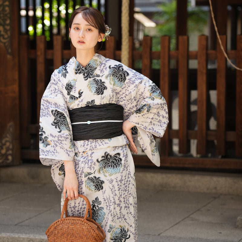 【utatane 高級変わり織 浴衣3点セット ( ゆかた・帯・下駄 ) 黒ミント琥珀のぼかし乱菊】 フリーサイズ 国産生地 国内染色　昭和初期アンティーク復刻版（5010272311）