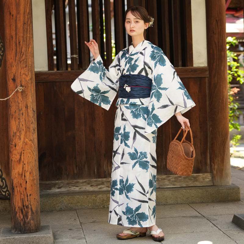 【utatane 高級変わり織 浴衣3点セット ( ゆかた・帯・下駄 ) 白地にターコイズのカトレア】 フリーサイズ 国産生地 国内染色　昭和初期アンティーク復刻版（5010272411）