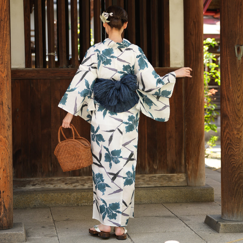 【utatane 高級変わり織 浴衣3点セット ( ゆかた・帯・下駄 ) 白地にターコイズのカトレア】 フリーサイズ 国産生地 国内染色　昭和初期アンティーク復刻版（5010272411）