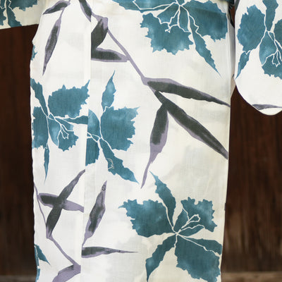 【utatane 高級変わり織 浴衣3点セット ( ゆかた・帯・下駄 ) 白地にターコイズのカトレア】 フリーサイズ 国産生地 国内染色　昭和初期アンティーク復刻版（5010272411）