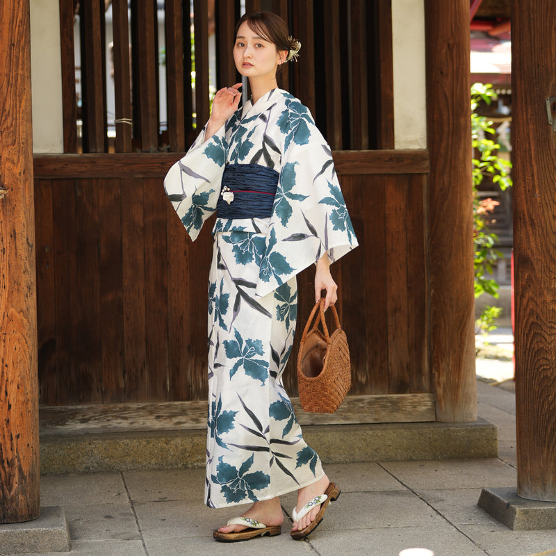 【utatane 高級変わり織 浴衣3点セット ( ゆかた・帯・下駄 ) 白地にターコイズのカトレア】 フリーサイズ 国産生地 国内染色　昭和初期アンティーク復刻版（5010272411）