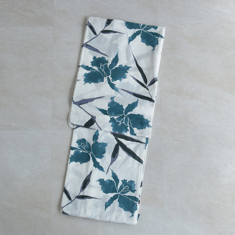 【utatane 高級変わり織 浴衣3点セット ( ゆかた・帯・下駄 ) 白地にターコイズのカトレア】 フリーサイズ 国産生地 国内染色　昭和初期アンティーク復刻版（5010272411）