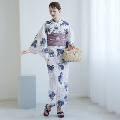 【utatane 高級変わり織 浴衣3点セット ( ゆかた・帯・下駄 ) うたかたの紺ぼかし乱菊】 フリーサイズ 国産生地 国内染色　昭和初期アンティーク復刻版（5010272711）