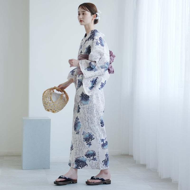 【utatane 高級変わり織 浴衣3点セット ( ゆかた・帯・下駄 ) うたかたの紺ぼかし乱菊】 フリーサイズ 国産生地 国内染色　昭和初期アンティーク復刻版（5010272711）