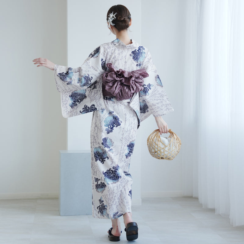 【utatane 高級変わり織 浴衣3点セット ( ゆかた・帯・下駄 ) うたかたの紺ぼかし乱菊】 3Lサイズ（ヒップ約130cm位まで対応） 国産生地 国内染色　昭和初期アンティーク復刻版（5013272711）