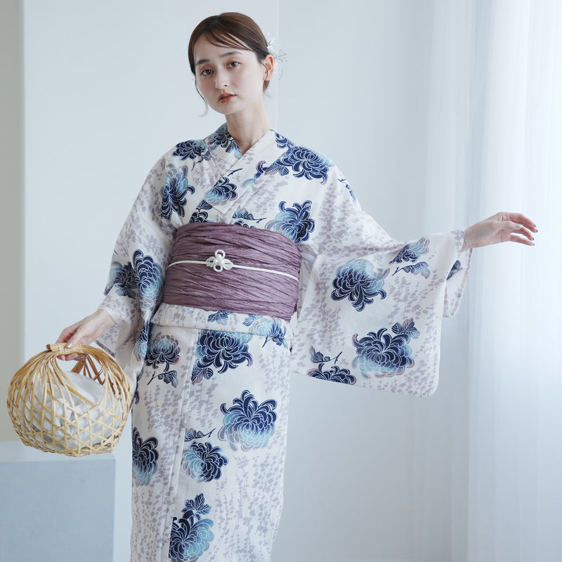 【utatane 高級変わり織 浴衣3点セット ( ゆかた・帯・下駄 ) うたかたの紺ぼかし乱菊】 3Lサイズ（ヒップ約130cm位まで対応） 国産生地 国内染色　昭和初期アンティーク復刻版（5013272711）