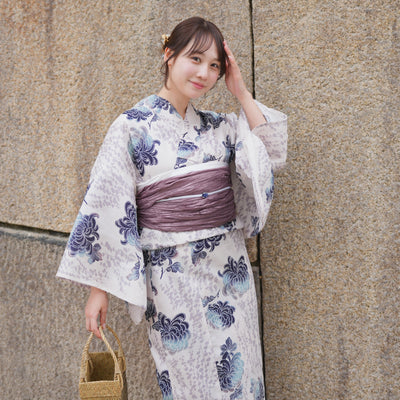 【utatane 高級変わり織 浴衣3点セット ( ゆかた・帯・下駄 ) うたかたの紺ぼかし乱菊】 3Lサイズ（ヒップ約130cm位まで対応） 国産生地 国内染色　昭和初期アンティーク復刻版（5013272711）