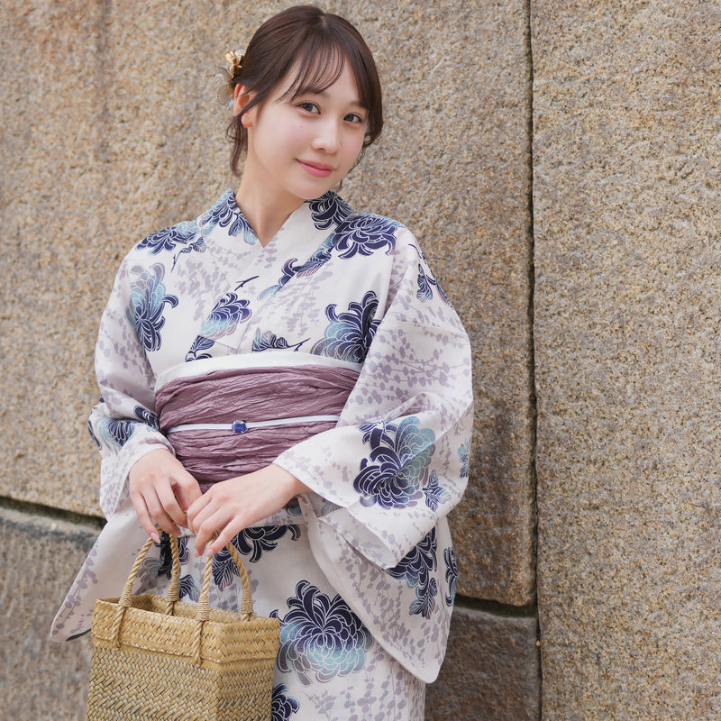 【utatane 高級変わり織 浴衣3点セット ( ゆかた・帯・下駄 ) うたかたの紺ぼかし乱菊】 フリーサイズ 国産生地 国内染色　昭和初期アンティーク復刻版（5010272711）