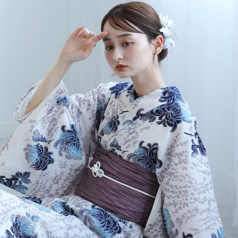 【utatane 高級変わり織 浴衣3点セット ( ゆかた・帯・下駄 ) うたかたの紺ぼかし乱菊】 フリーサイズ 国産生地 国内染色　昭和初期アンティーク復刻版（5010272711）