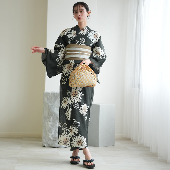 ♥️新品♥️utatane 浴衣・帯　2点セット　紫陽花 utatane 高級変わり織 浴衣3点セット ( ゆかた・帯・下駄 ) 苔色