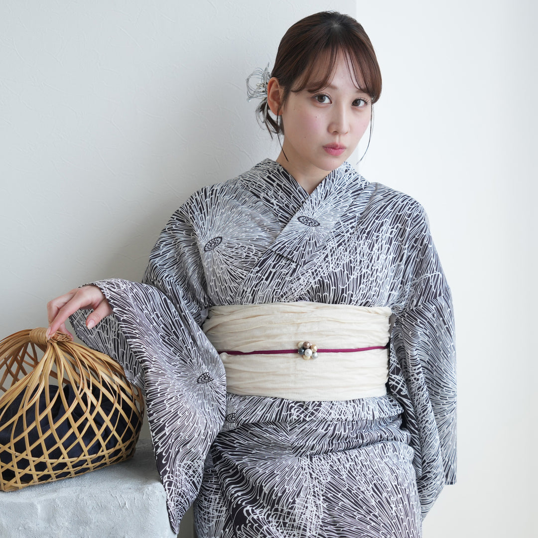 utatane 高級変わり織 浴衣3点セット ( ゆかた・帯・下駄 ) 紫茶