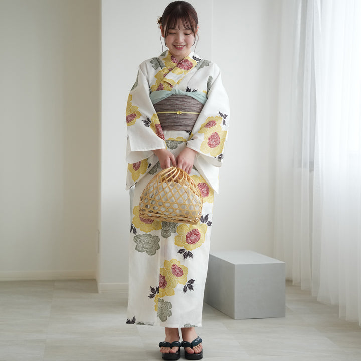 utatane 高級変わり織 浴衣3点セット ( ゆかた・帯・下駄 ) くちなし色