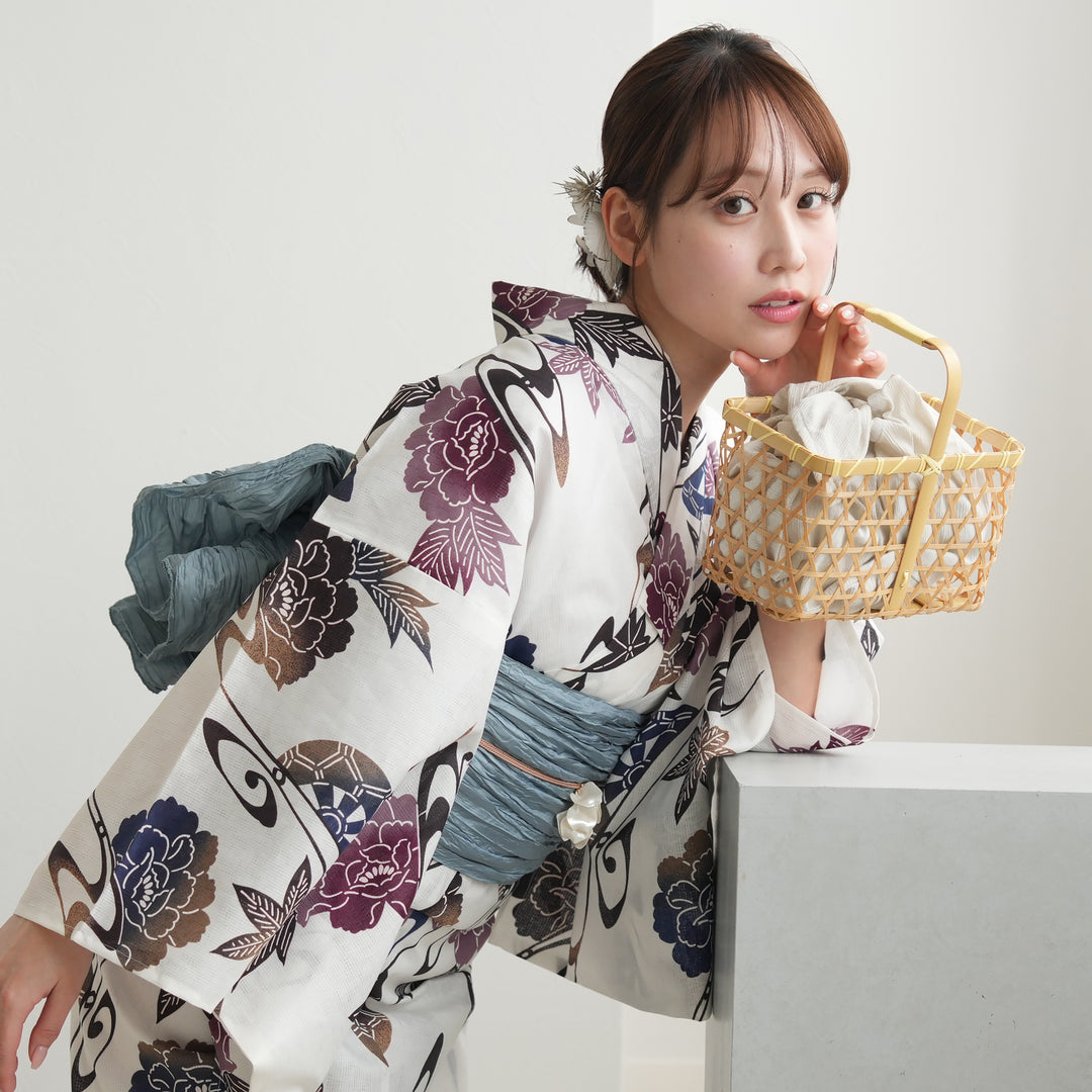 utatane 高級変わり織 浴衣3点セット ( ゆかた・帯・下駄 ) 白地
