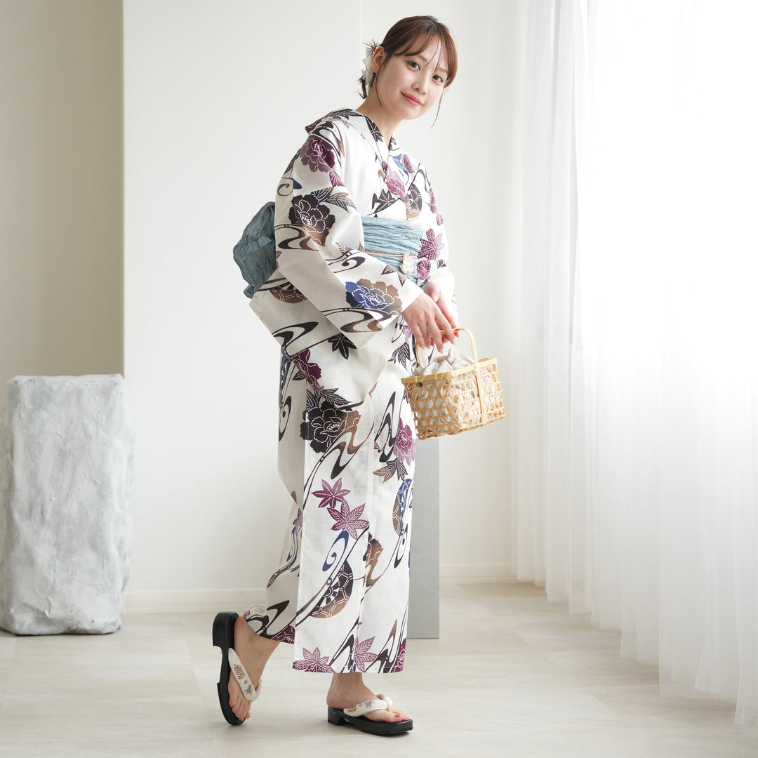 utatane 高級変わり織 浴衣3点セット ( ゆかた・帯・下駄 ) 白地に