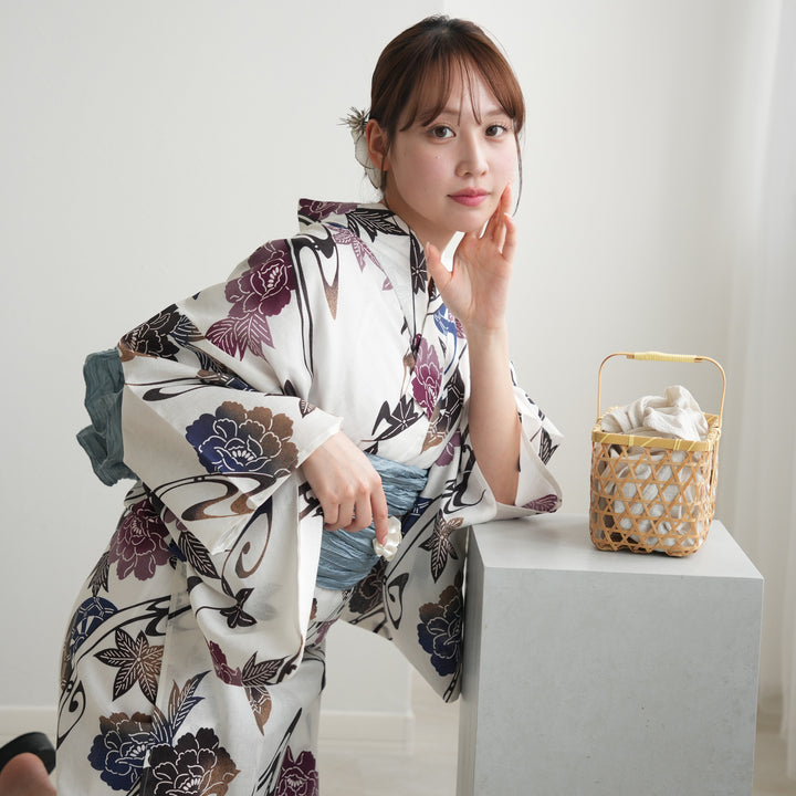 utatane 高級変わり織 浴衣3点セット ( ゆかた・帯・下駄 ) 白地