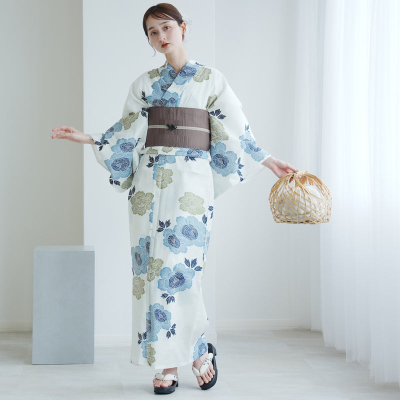 【utatane 高級変わり織 浴衣3点セット ( ゆかた・帯・下駄 ) 水色と青磁色の牡丹】 フリーサイズ 国産生地 国内染色　昭和初期アンティーク復刻版（5010273511）