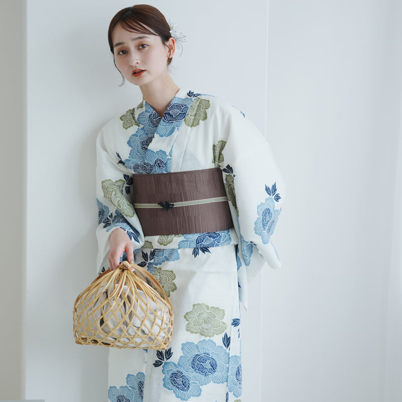 【utatane 高級変わり織 浴衣3点セット ( ゆかた・帯・下駄 ) 水色と青磁色の牡丹】 フリーサイズ 国産生地 国内染色　昭和初期アンティーク復刻版（5010273511）