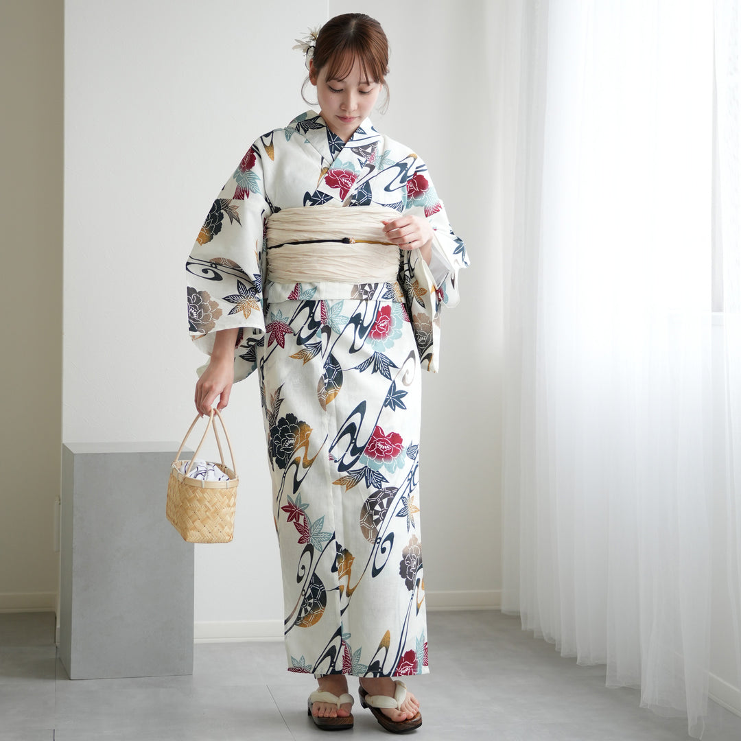 utatane 高級変わり織 浴衣3点セット ( ゆかた・帯・下駄 ) 赤と鉄紺の