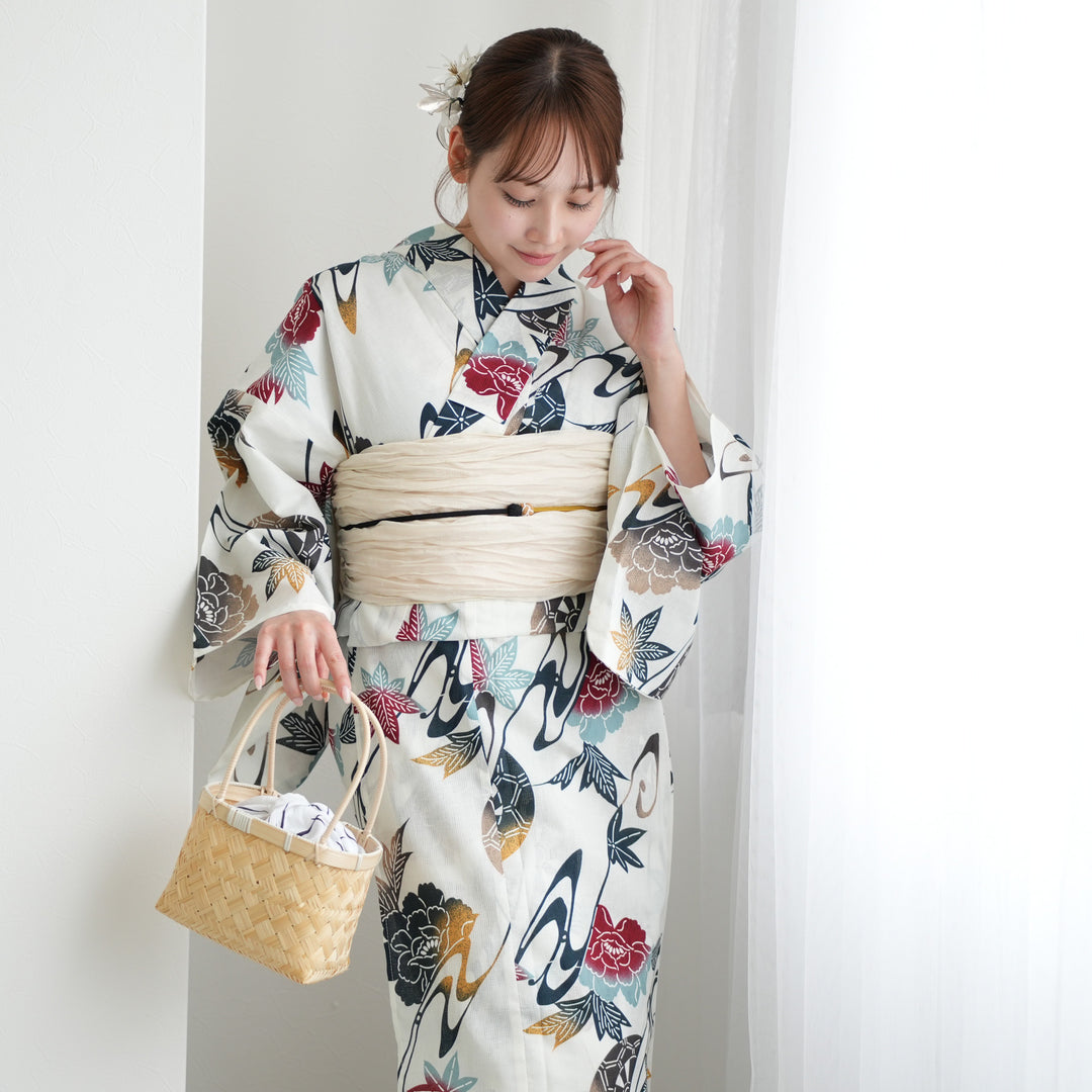 utatane 高級変わり織 浴衣3点セット ( ゆかた・帯・下駄 ) 赤と鉄紺の