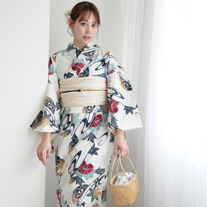 utatane 高級変わり織 浴衣3点セット ( ゆかた・帯・下駄 ) 赤と