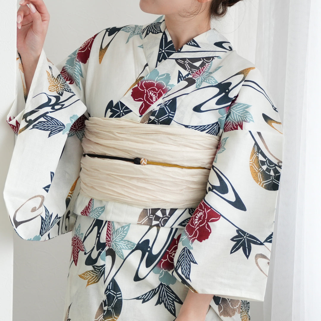 utatane 高級変わり織 浴衣3点セット ( ゆかた・帯・下駄 ) 赤と鉄紺の