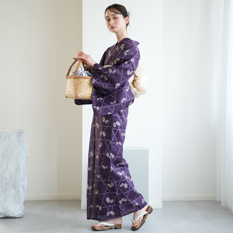 【ニコアンティーク 高級変わり織 浴衣3点セット ( ゆかた・帯・下駄 )紫にかごめ絞り柄の紋白蝶】 Lサイズ（165-175cm） 国産生地 国内染色　個性派きもの（5012273911）