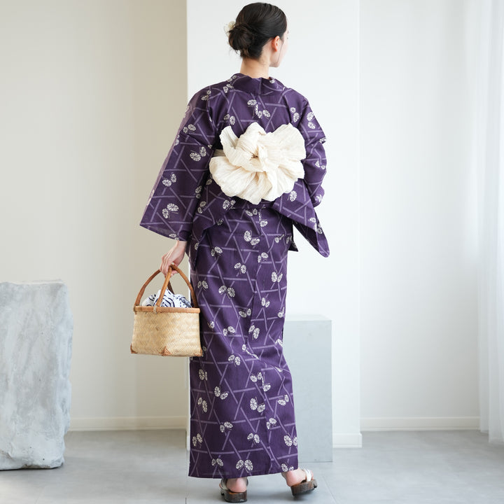 ◆高級変わり織浴衣◆高貴紫のなでしこ揺れる古典ゆかた◆新品未使用　呉服店購入 ニコアンティーク 高級変わり織 浴衣3点セット ( ゆかた・帯