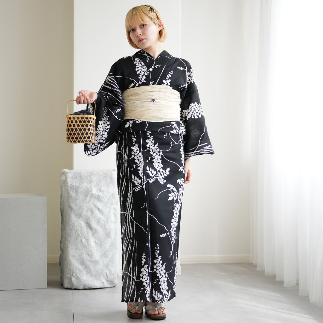 utatane 高級変わり織 浴衣3点セット ( ゆかた・帯・下駄 ) 黒地