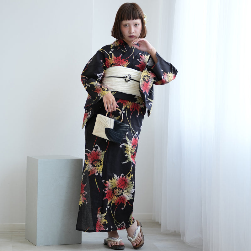 【ニコアンティーク 高級変わり織 浴衣3点セット ( ゆかた・帯・下駄 ) 黒地にアンティークローケツ柄】 Lサイズ（165-175cm） 国産生地 国内染色　個性派きもの（5012274911）