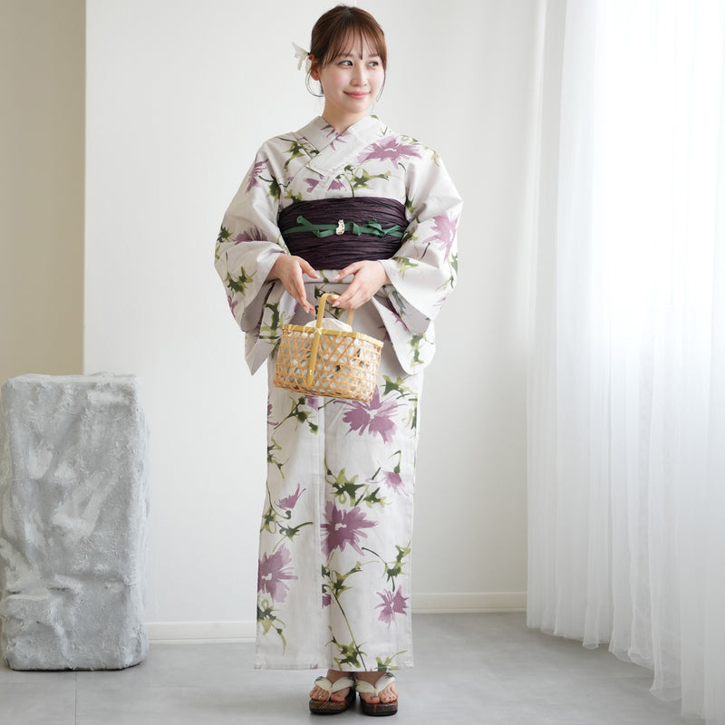 【ニコアンティーク 高級変わり織 浴衣3点セット ( ゆかた・帯・下駄 )淡いグレーにラベンダーのあざみ】 Sサイズ（150-160cm） 国産生地 国内染色　個性派きもの（5011275011）