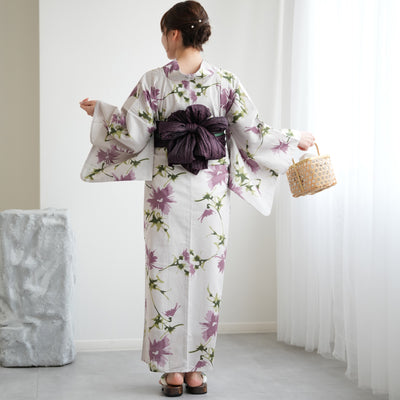 【ニコアンティーク 高級変わり織 浴衣3点セット ( ゆかた・帯・下駄 )淡いグレーにラベンダーのあざみ】 Sサイズ（150-160cm） 国産生地 国内染色　個性派きもの（5011275011）
