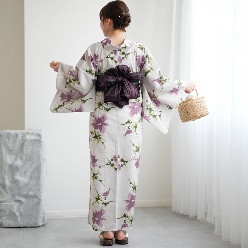 【ニコアンティーク 高級変わり織 浴衣3点セット ( ゆかた・帯・下駄 )淡いグレーにラベンダーのあざみ】 Sサイズ（150-160cm） 国産生地 国内染色　個性派きもの（5011275011）